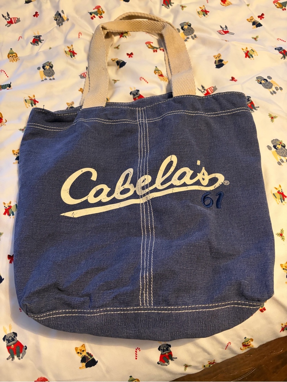 Cabela's Navy Canvas Tote with Cream Handles and White Logo